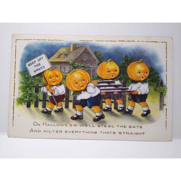 Halloween Postcard Whitney Fantasy Anthropomorphic Pumpkin Face Heads Goblins - Picture 1 of 3